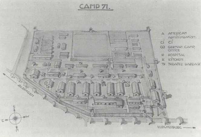 Drawn bird’s-eye plan of Camp 71 from the 1946 camp book, with rows of barracks between Aldingen and Ludwigsburg and a key marking the American administration, hospital, kitchen and theatre barrack.