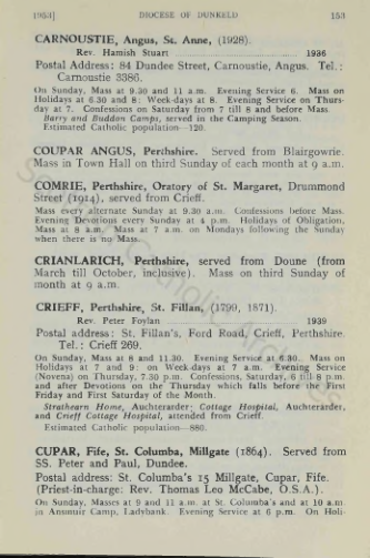 Scottish Catholic Directory entry for Sunday Mass at Ansmuir Camp, 1953