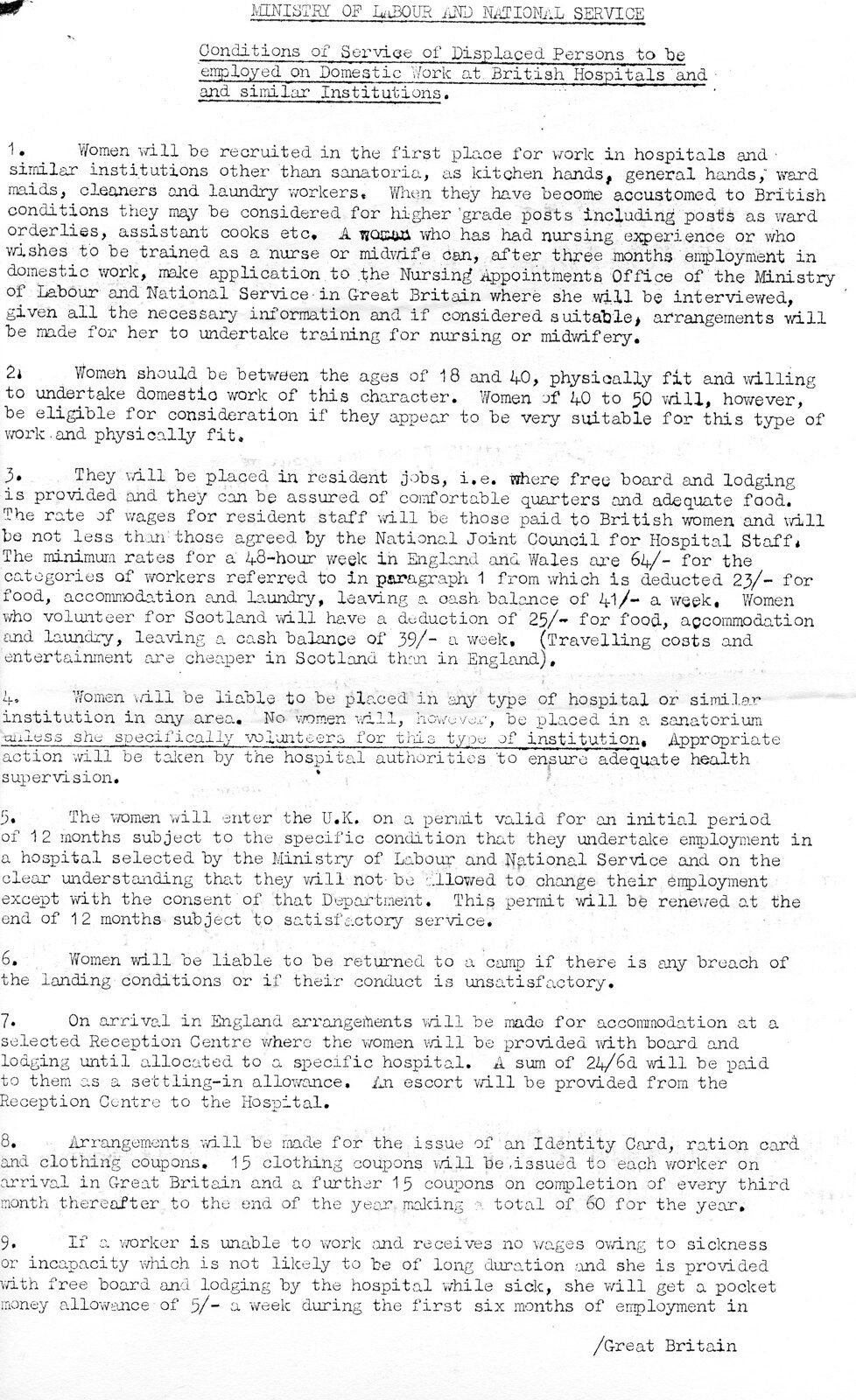 Typescript page headed ‘Ministry of Labour and National Service — Conditions of Service of Displaced Persons to be employed on Domestic Work at British Hospitals and similar Institutions’, with nine numbered paragraphs.