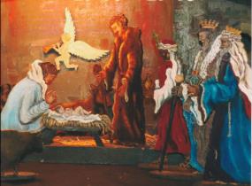 Painted carved figures showing the Nativity with shepherds and kings.