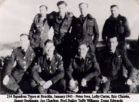 Eight named 214 Squadron airmen photographed at Brackla in January 1945.