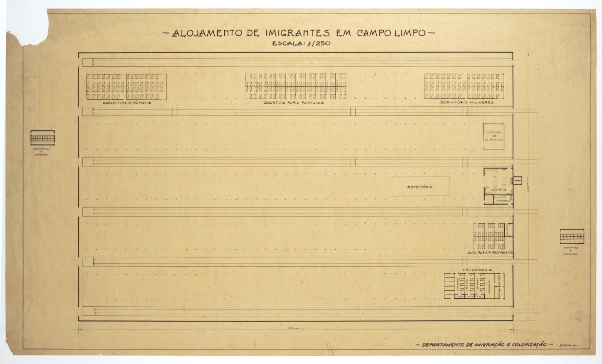 Architect’s plan at 1:250 headed Alojamento de imigrantes em Campo Limpo, showing dormitories, family rooms, a refectory and an infirmary inside the converted warehouse.
