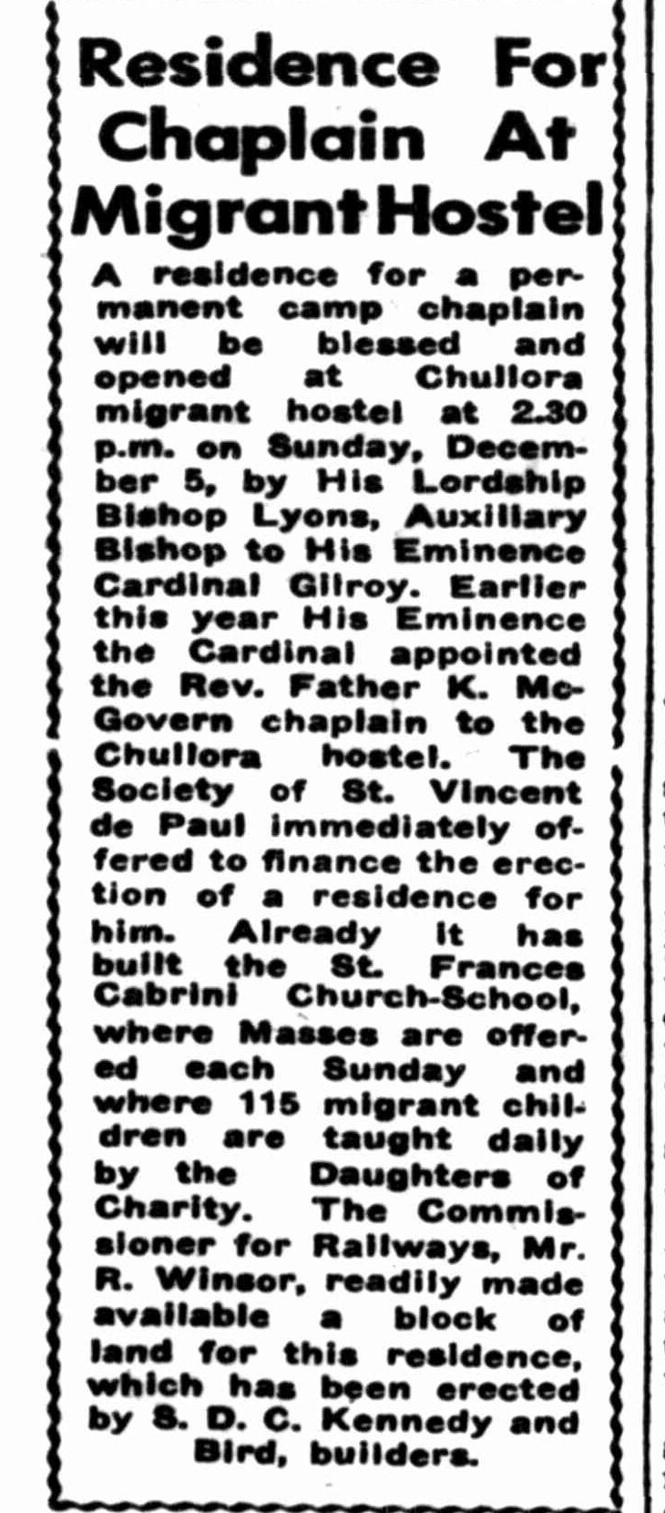 Newspaper column headed Residence For Chaplain At Migrant Hostel, describing the chaplain’s house and the church-school at Chullora migrant hostel in 1954.