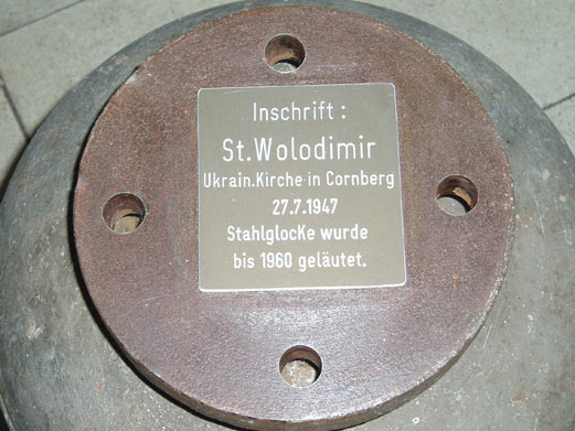 Identification plaque for the steel bell of St. Wolodimir’s Ukrainian Church in Cornberg.