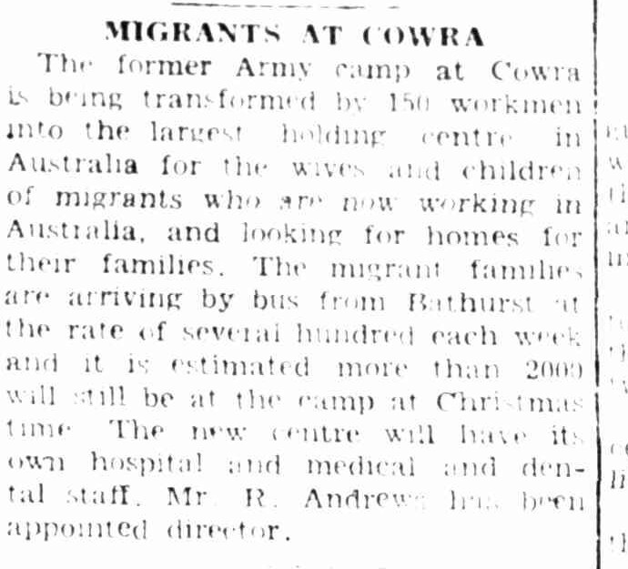 Newspaper item headed Migrants at Cowra, reporting the conversion of the former army camp into a migrant holding centre in May 1949.