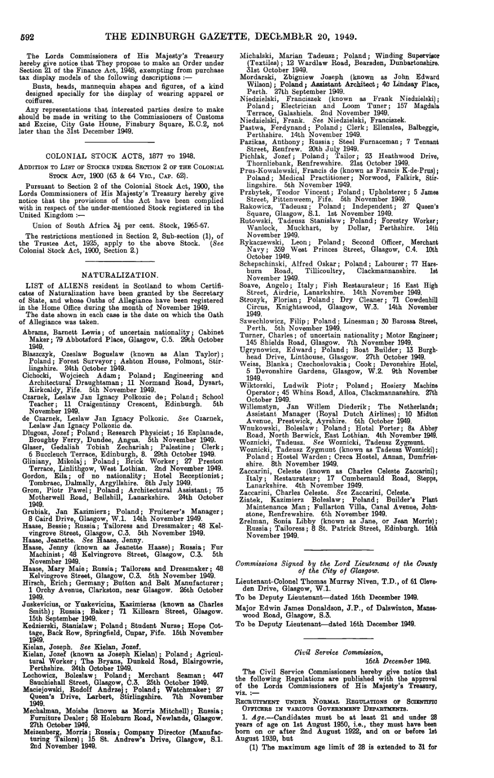 Printed page of The Edinburgh Gazette for 20 December 1949 in two columns, headed NATURALIZATION, listing aliens resident in Scotland with their nationalities, occupations and addresses.