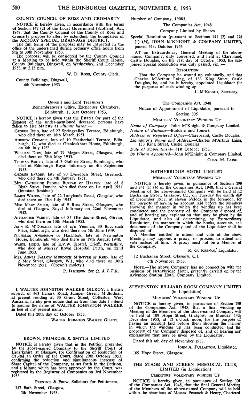 Printed page of The Edinburgh Gazette for 6 November 1953 in two columns, including a Queen’s and Lord Treasurer’s Remembrancer notice listing estates fallen to the Crown.