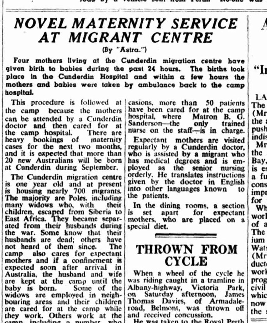 “Novel maternity service at migrant centre”: Cunderdin, 1950