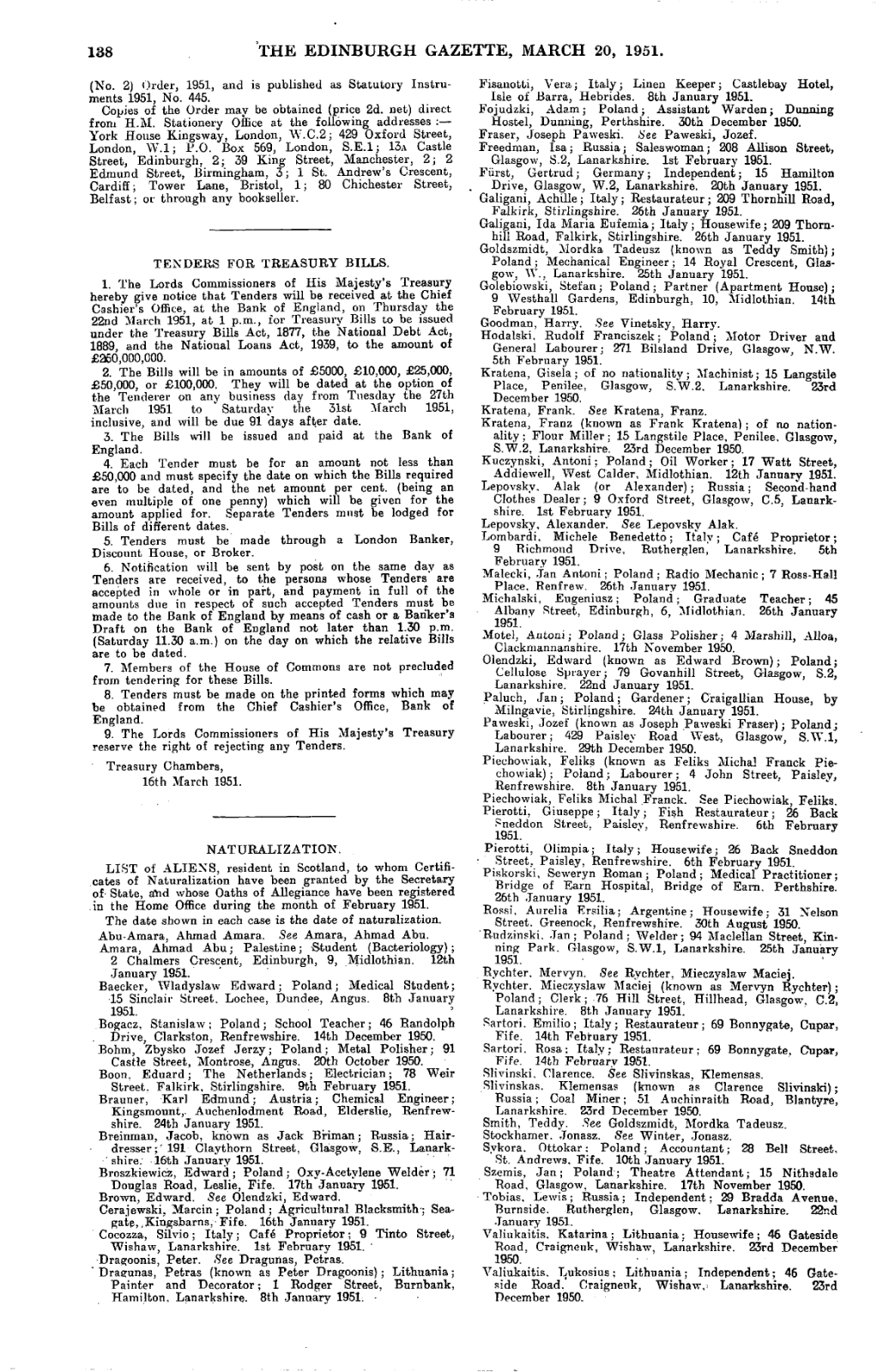 Printed page of The Edinburgh Gazette for 20 March 1951 in two columns, the right-hand column carrying an alphabetical naturalisation list with names, nationalities, occupations and addresses.