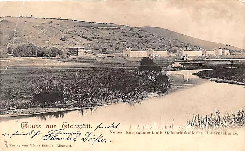 Postcard view of the new Eichstätt barracks above the Altmühl meadows, 1898.