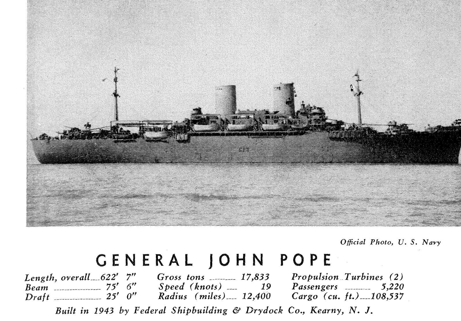 A printed book page with a photograph of a grey troopship under way above the heading General John Pope and a table of her dimensions.