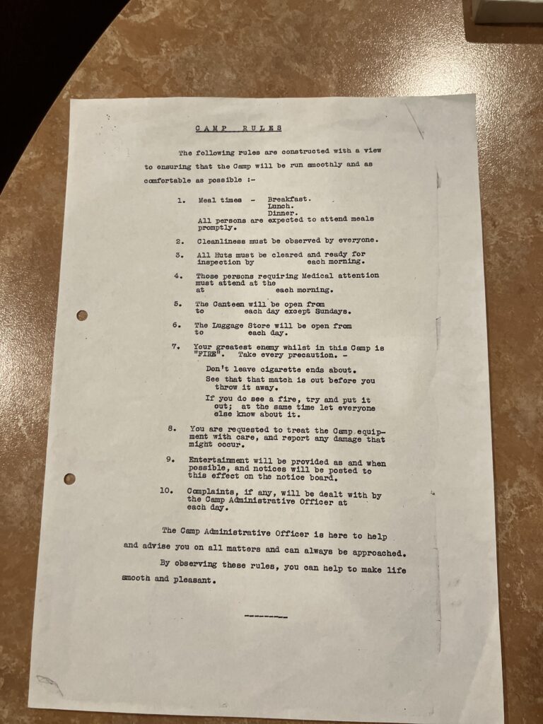 A surviving camp-rules sheet from Graylands.