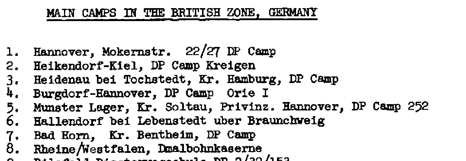 Typewritten list headed Main Camps in the British Zone, Germany, with Hallendorf bei Lebenstedt as entry six.