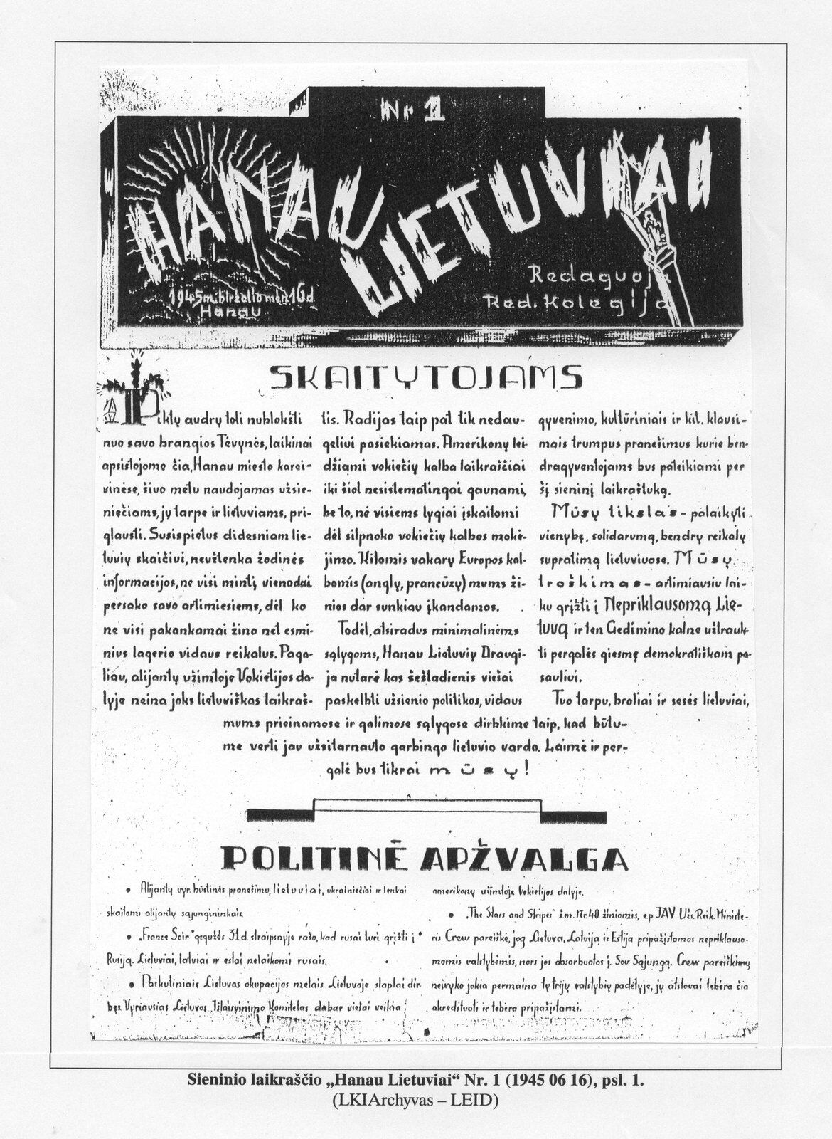 A hand-lettered newspaper sheet with a black masthead reading HANAU LIETUVIAI, below it two headed articles in hand-drawn script arranged in columns.