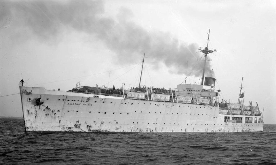 The emigrant ship Hellenic Prince under way, photographed between 1949 and 1951.