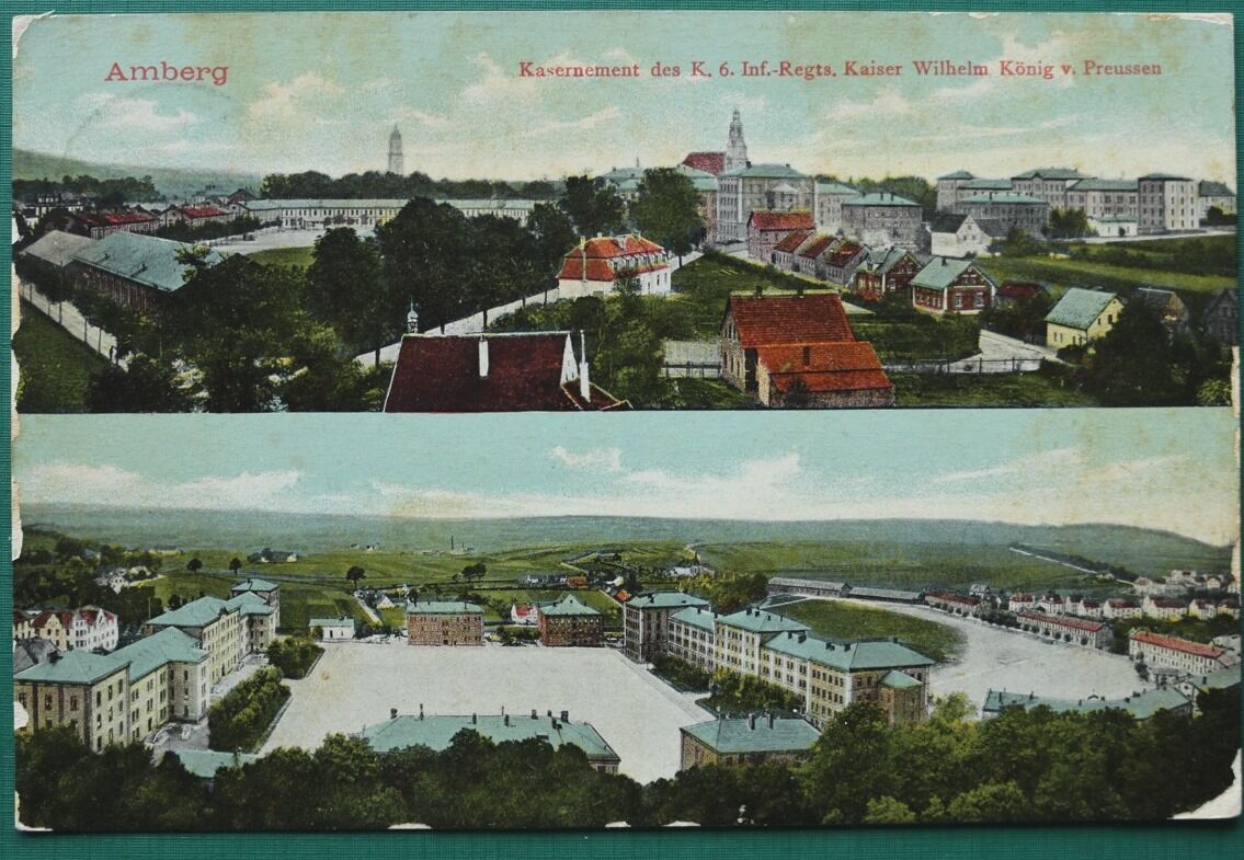 Colour picture postcard with two panoramas of the Amberg barracks quarter, the lower one showing long barrack blocks around a wide parade square.