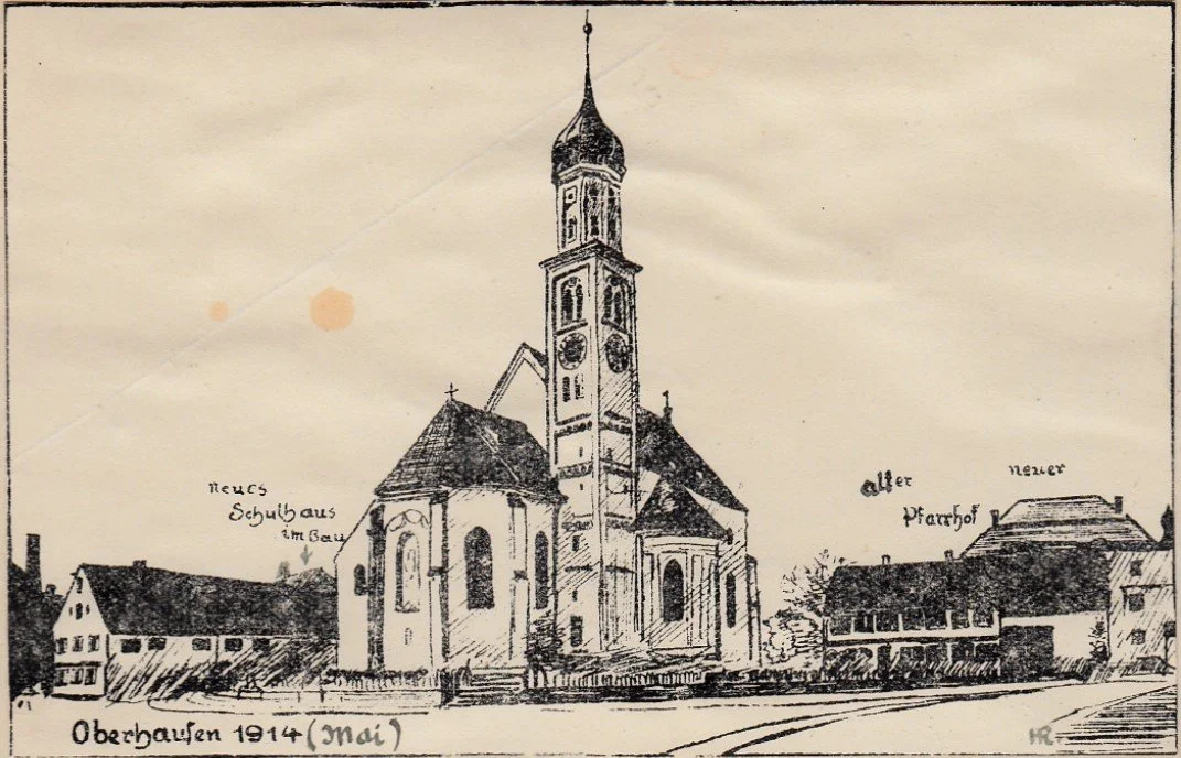 Drawing of Oberhausen in May 1914, labelling the new school under construction beside the church.