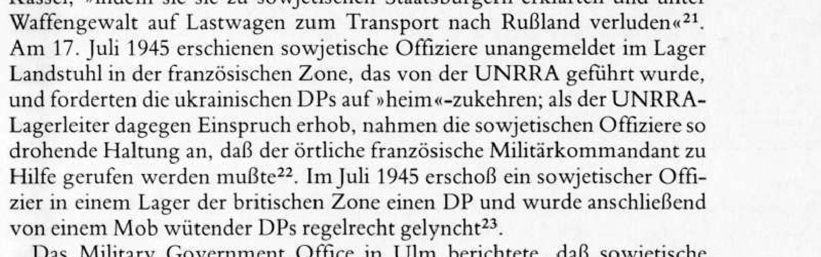 A printed German paragraph describing Soviet officers arriving unannounced at the Landstuhl camp on 17 July 1945.