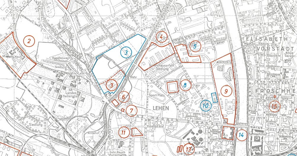 Location map in which 9 marks Lager Lehen beside the Salzach and 14 marks the separate Lehener Kaserne.