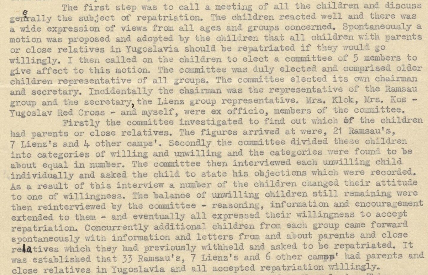 Part of the January 1947 UNRRA memorandum describing the children’s committee and its enquiries about relatives in Yugoslavia.