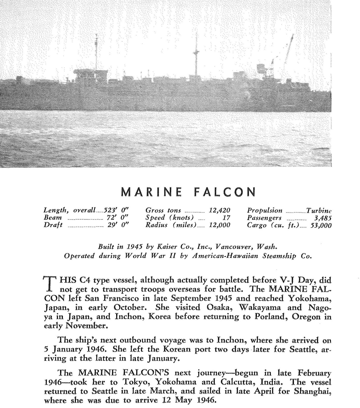 A printed book page with a black and white photograph of a large troopship under way above the heading MARINE FALCON, a table of dimensions and three paragraphs of text.