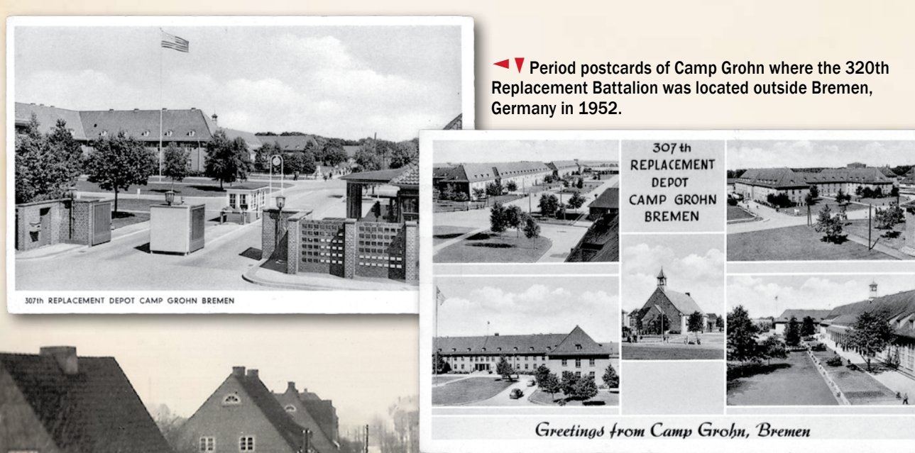 Two black-and-white postcards of Camp Grohn, one of the camp gate and guard house, the other a set of six small views of barracks, a chapel and a street.