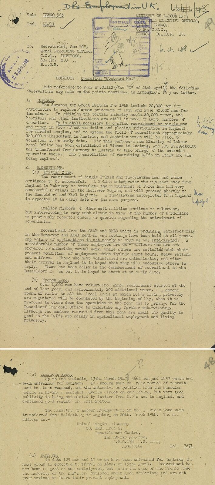 Two typed pages headed Ministry of Labour, subject Operation Westward Ho, dated 6 April 1948, with handwritten marginal notes.