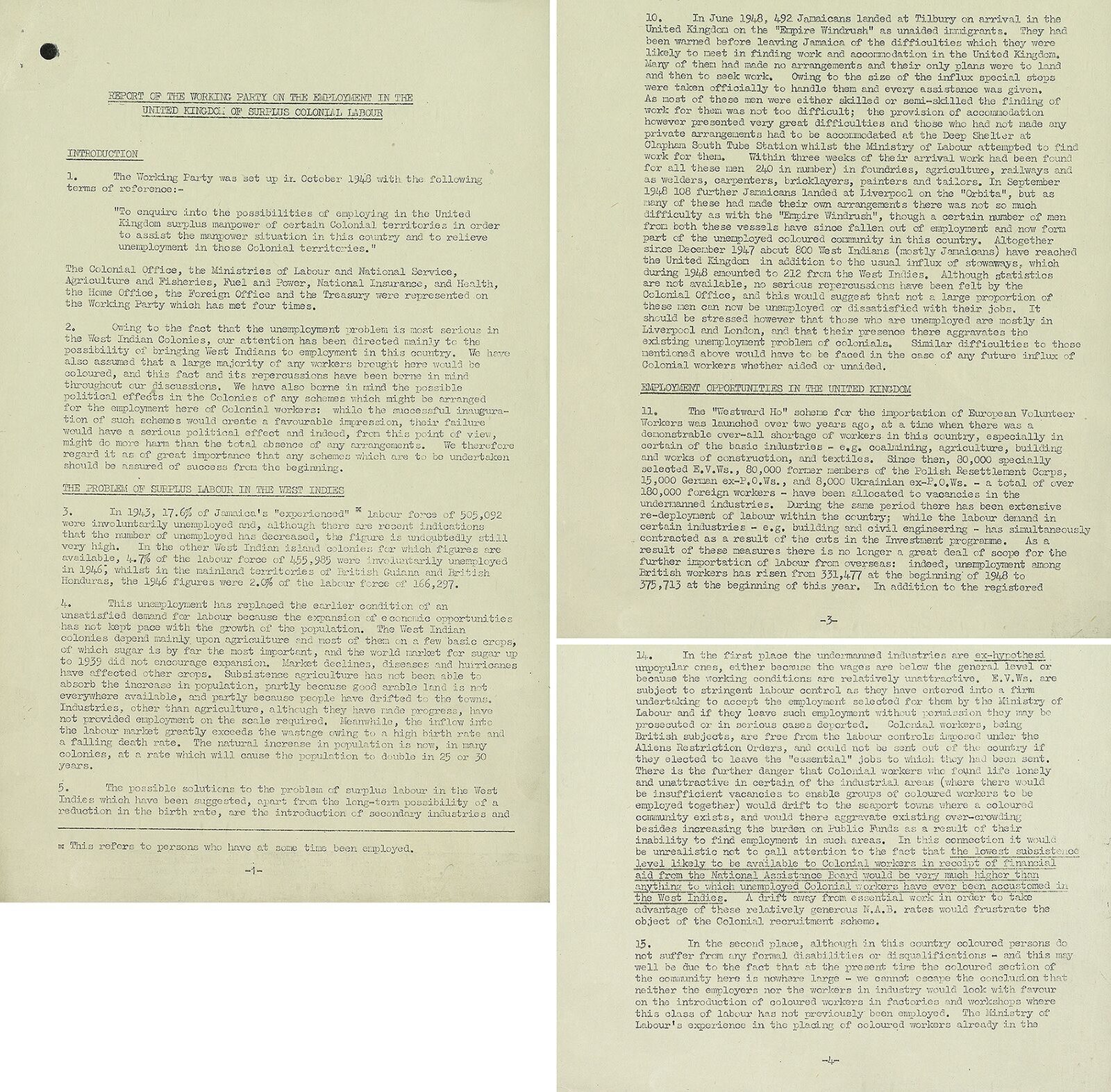 Two typed pages of a Colonial Office working party report on the employment in the United Kingdom of surplus colonial labour, 1949, with a section on employment opportunities.