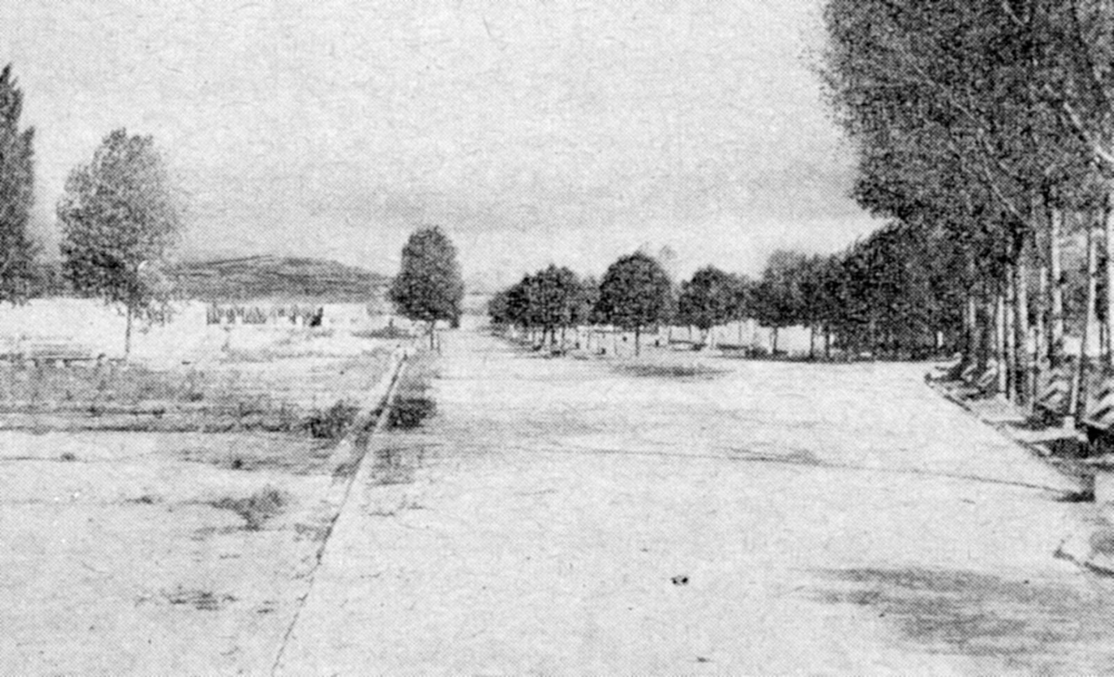 Historical photograph of the former camp avenue and ruined structures in 1955