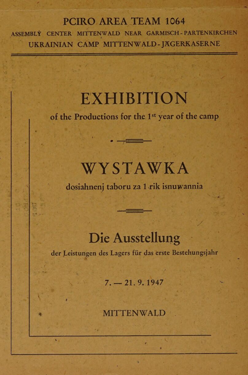 Programme printed inside the cover: an exhibition of the camp’s first year of work, Mittenwald, 7–21 September 1947.