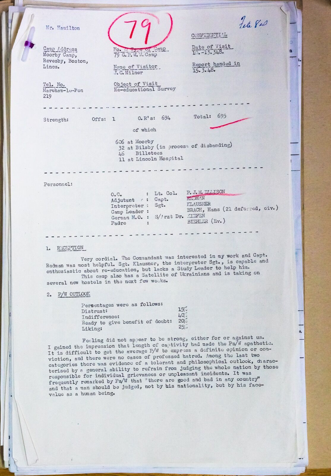 Typed Foreign Office re-educational survey headed Camp Address Moorby Camp, Revesby, Boston, Lincs., 79 G.P.W.W. Camp, date of visit 10–13 March 1948, with strength figures, staff names and paragraphs on reception and prisoners’ outlook.