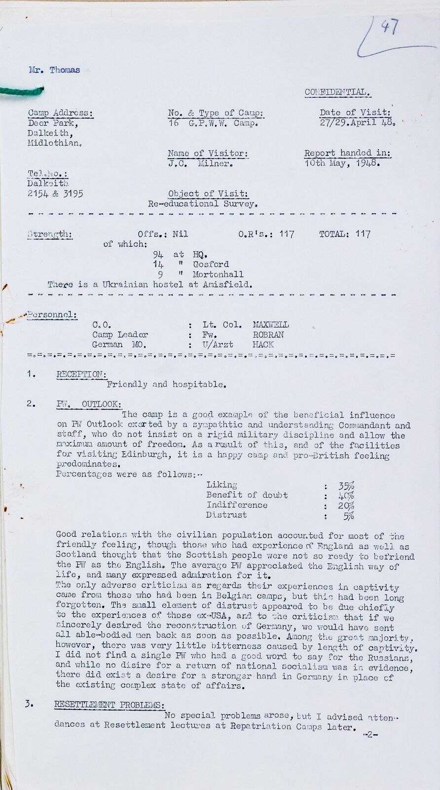Typed 1948 report listing prisoner totals at Deer Park, Gosford and Mortonhall.