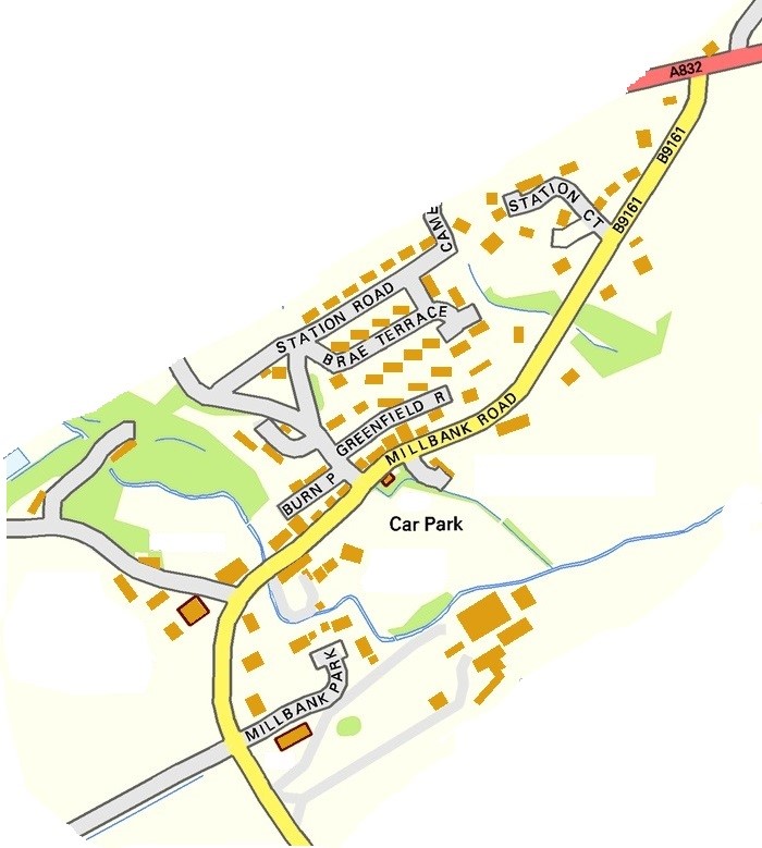 2014 village map showing Millbank Park, village roads and surrounding fields.