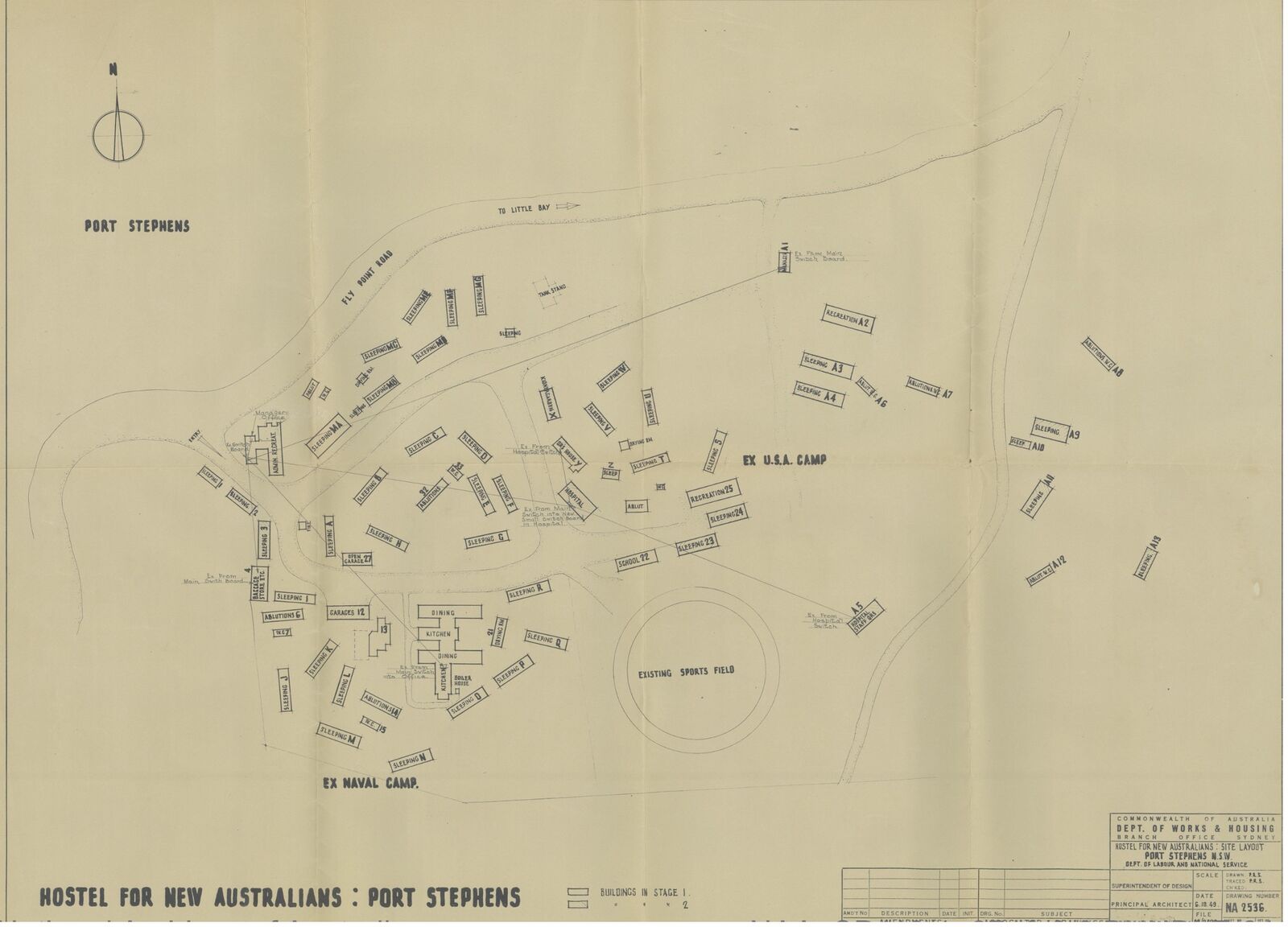 Plan of the Nelson Bay migrant accommodation, dated 6 October 1949.
