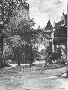 The grounds of Schloss Neubeuern in a painting dated 1946. This is an artwork from the camp period, not a photograph.