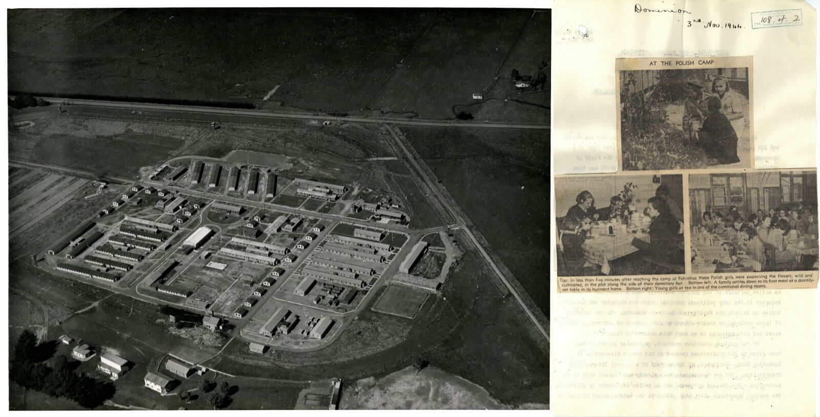 Aerial photograph of the Pahīatua camp beside the highway, with a page of the Dominion of 3 November 1944 showing life at the camp.