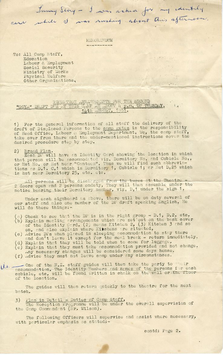 Typed camp memorandum headed “Reception arrangements for the second Goya draft due at this camp at about 4 p.m. on Tuesday, 14th August, 1951”.