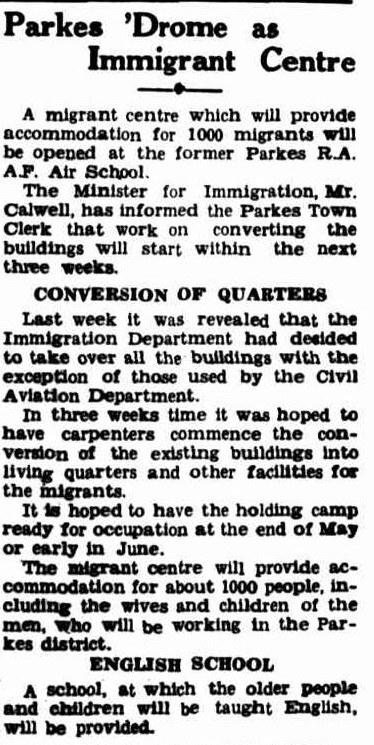 Newspaper column headed Parkes ’Drome as Immigrant Centre, reporting the conversion of the former air school into a migrant holding centre in 1949.