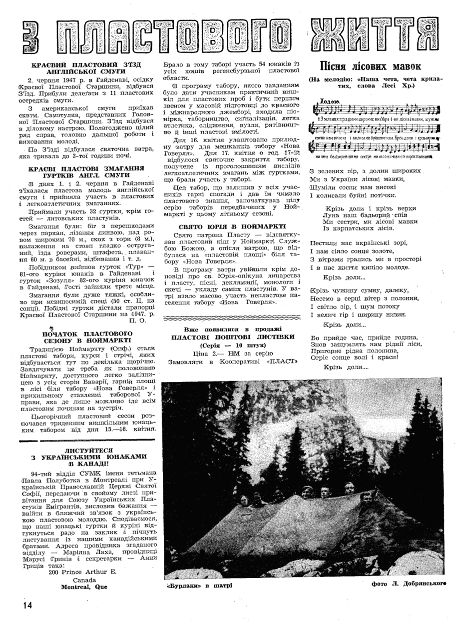 Na slidi, July 1947, page 14: reports of training and public campfires beside Nova Howerla. The separately captioned tent photograph on this page has no confirmed Neumarkt location.