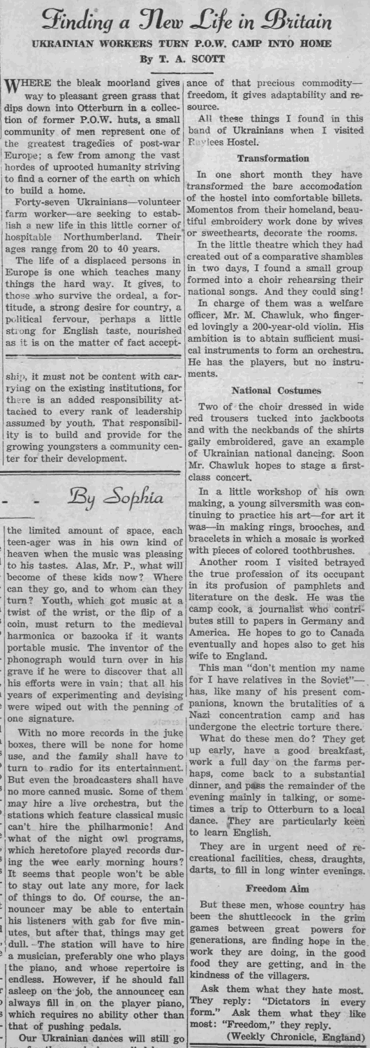 Contemporary newspaper report describing Ukrainian workers at Raylees.