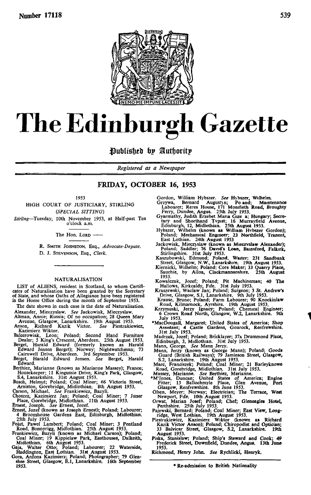Page 539 of The Edinburgh Gazette for 16 October 1953, headed by the royal arms and the masthead, with two columns of naturalisation entries beneath.