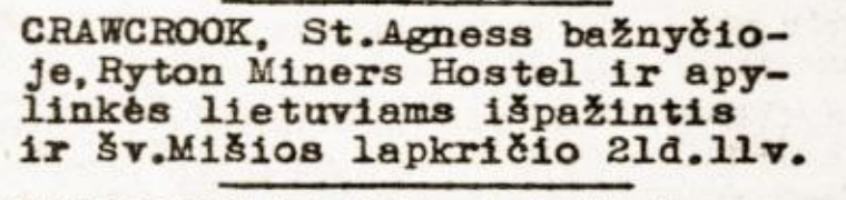 Announcement of confession and Mass for Lithuanian residents of Ryton Miners’ Hostel.