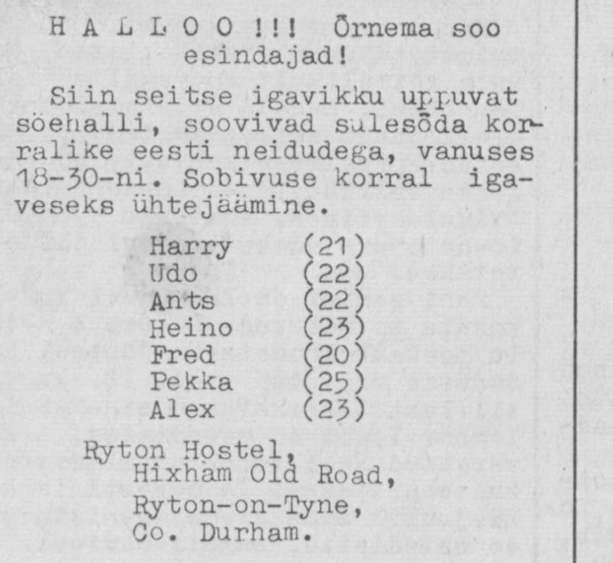 Classified advertisement from seven men giving their ages and the reply address Ryton Hostel, Hixham Old Road, Ryton-on-Tyne, Co. Durham.