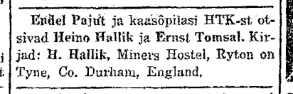 A tracing notice naming Ryton Miners’ Hostel as the reply address.