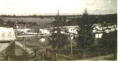 Washing lines and clothes drying beside camp buildings.