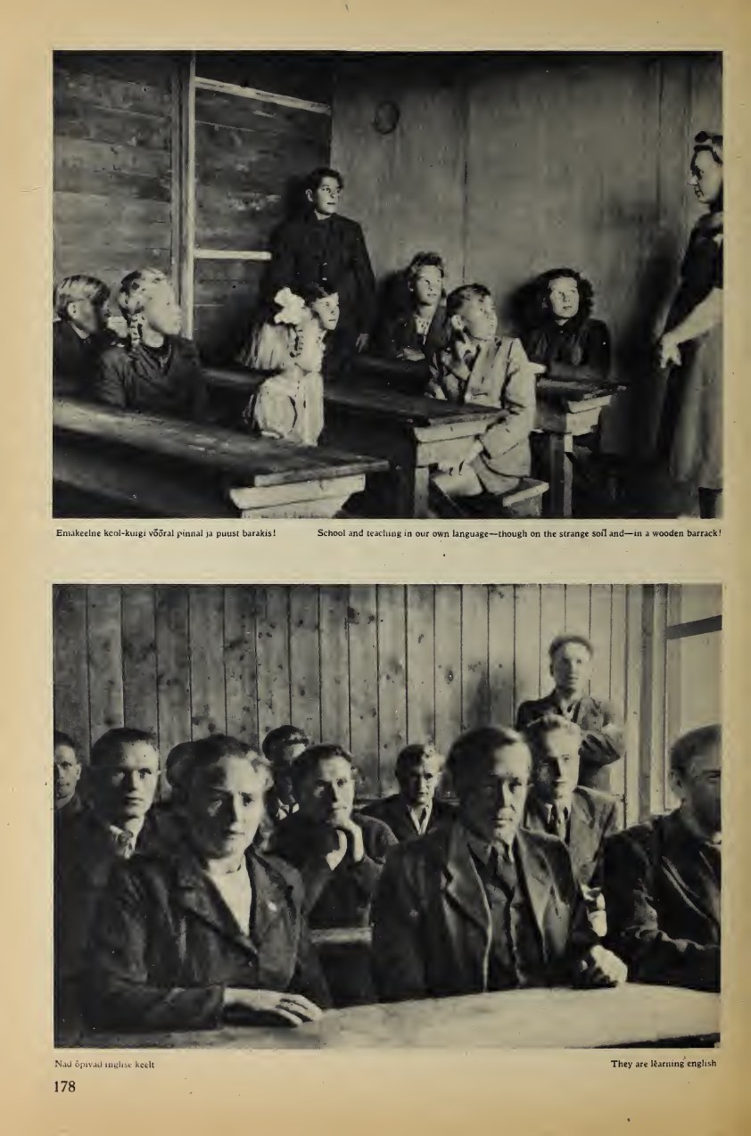Estonian children in a wooden classroom and adults learning English at Seedorf, 1946.