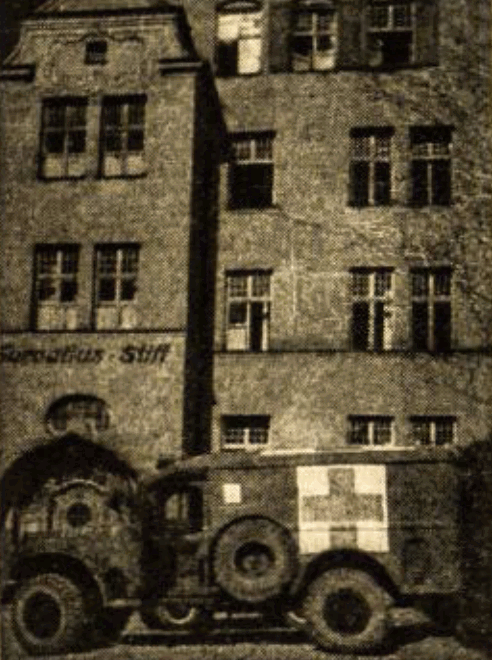 Servatius Hospital and an ambulance, from a photographic montage published in Žiburiai on 31 May 1947.