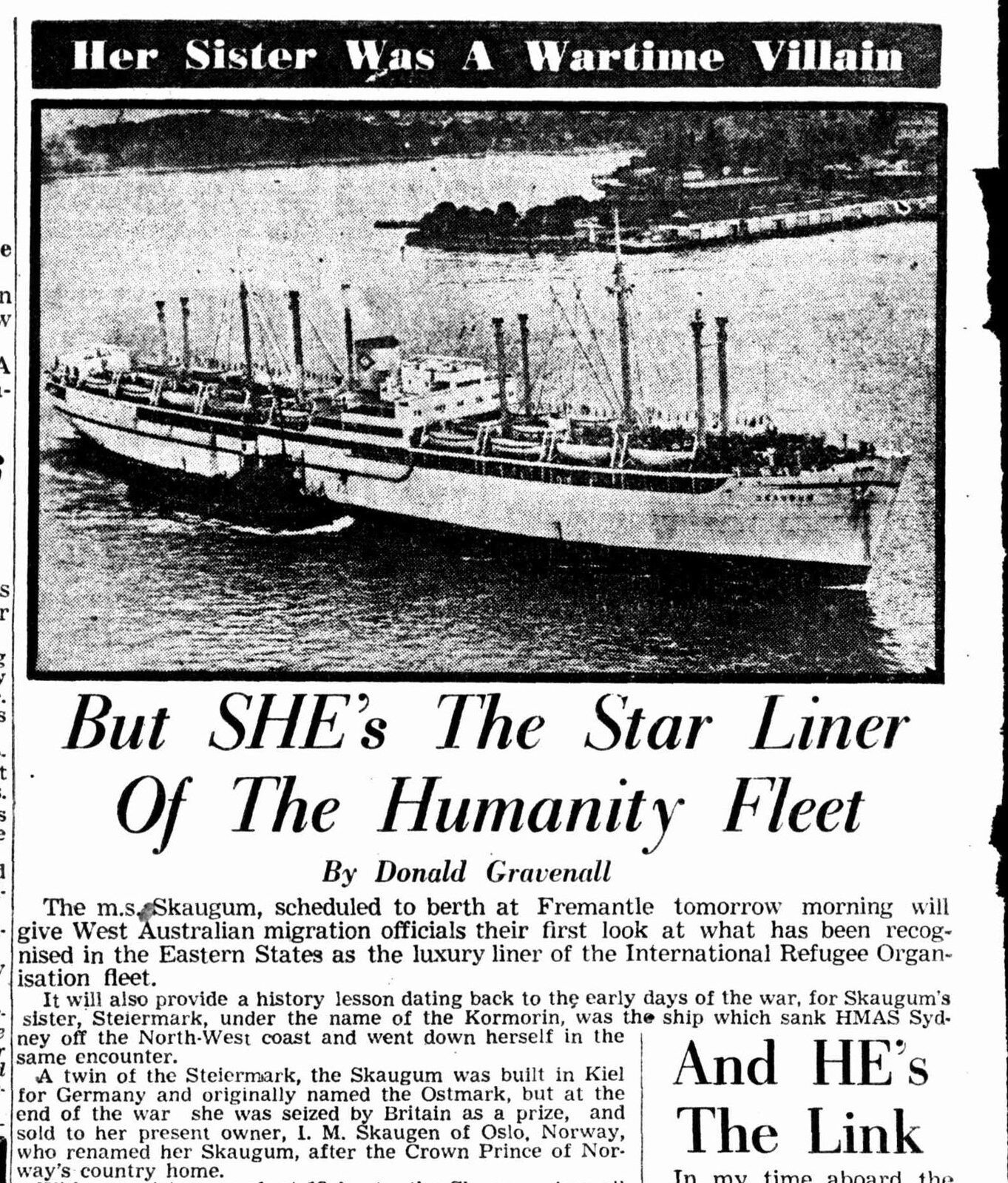 Newspaper photograph of the motor ship Skaugum at anchor, her name painted on the bow, under the headline ‘Her Sister Was A Wartime Villain’.