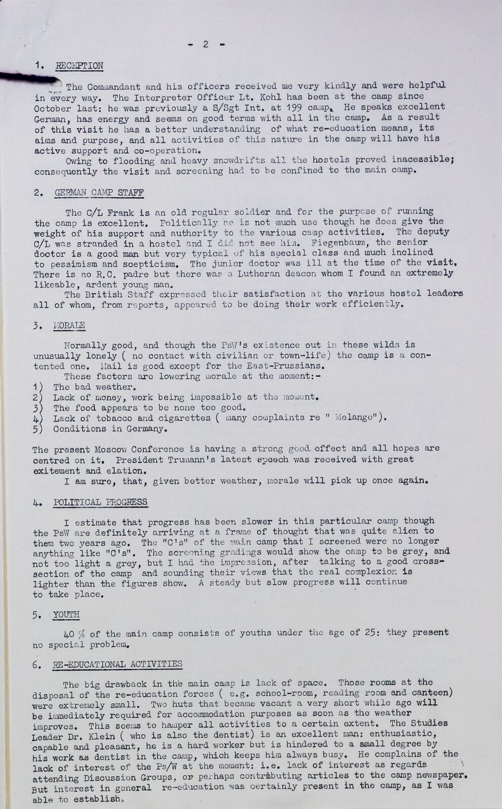 Page 2 of the March 1947 Camp 63 inspection report, recording that flooding and snowdrifts made all the hostels inaccessible.