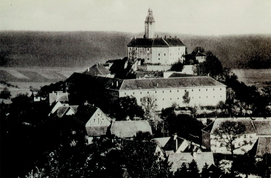 Black-and-white photograph of a hilltop castle with a tall tower above a long white range of buildings, with village roofs and fields below.